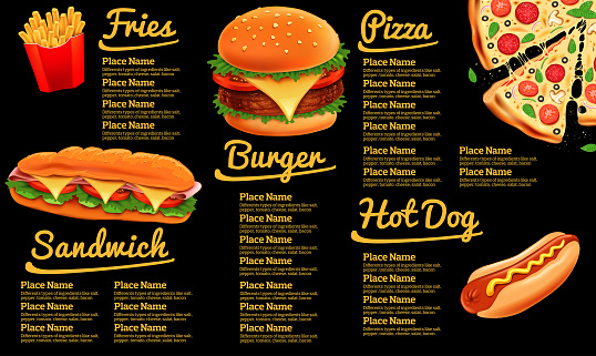 Fast food restaurant menu banner with fast food lunch dishes list on chalkboard. Hamburger, hot dog, fries,  sandwich