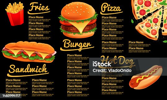 istock Fast food restaurant menu banner with fast food lunch dishes list on black chalkboard. 1460994117