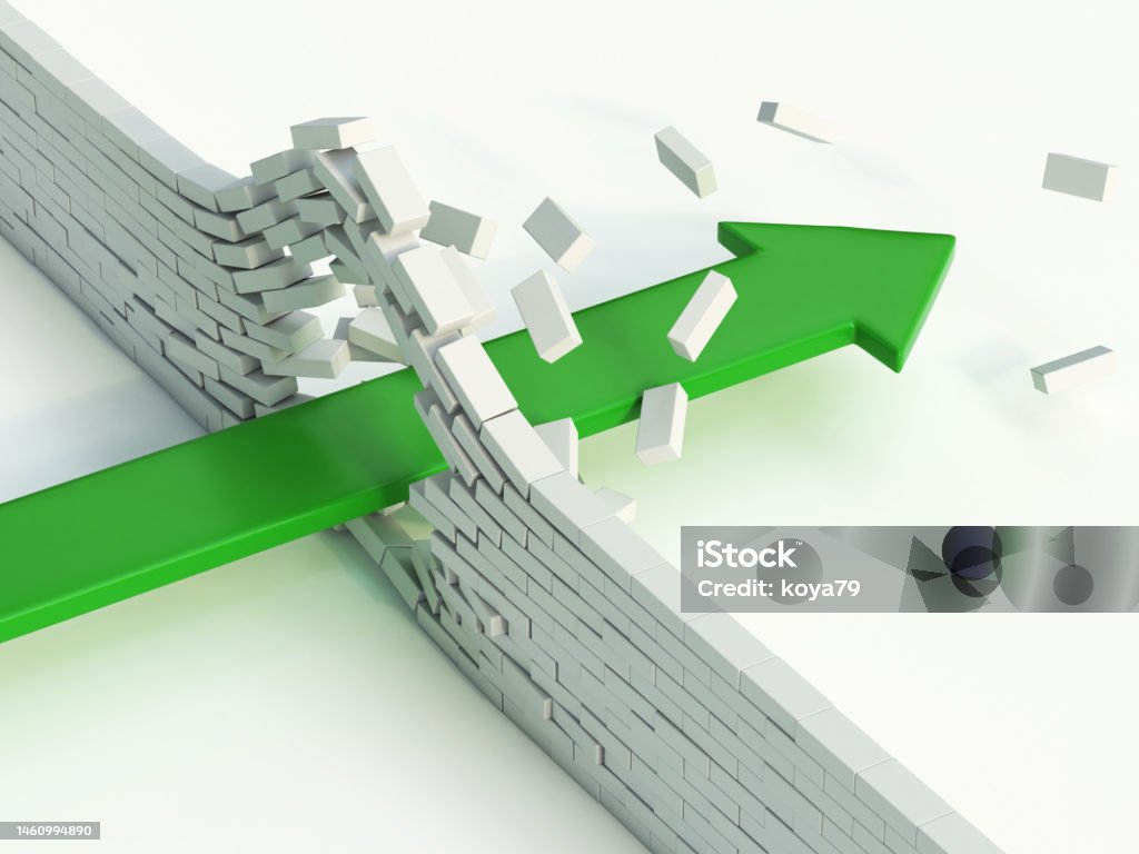 Arrow breaking brick wall abstract 3d illustration - power solution concept - infiltration - success metaphor 3d rendering Conquering Adversity Stock Photo