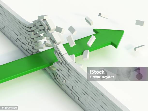 Arrow Breaking Brick Wall Abstract 3d Illustration Power Solution Concept Infiltration Success Metaphor 3d Rendering Stock Photo - Download Image Now