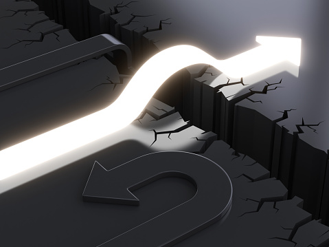 3d arrows crossing or failing to cross obstacle, success or failure concept, 3d rendering