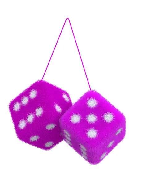 Photo of Pair of fuzzy dices for cars on white background 3d rendering