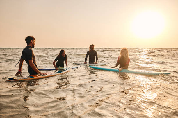 istock Young cheerful surfers talking in the sea at sunset. 1460995485