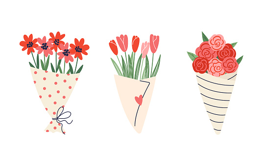 Bouquets of flowers. A bouquet of garden flowers, a bouquet of tulips, a bouquet of roses. Vector set of floral decoration. Suitable for March 8, Valentine's Day, Mother's Day, invitations, greeting cards.