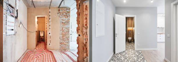 istock Apartment bathroom with toilet before and after renovation. 1460997423