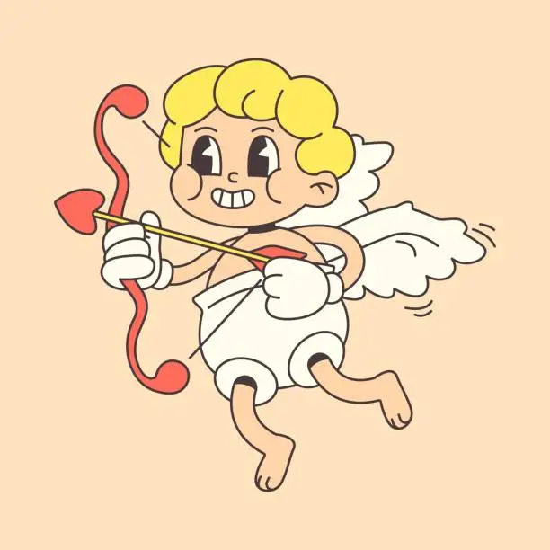 Vector illustration of Cupid shoots an arrow in trendy groovy style