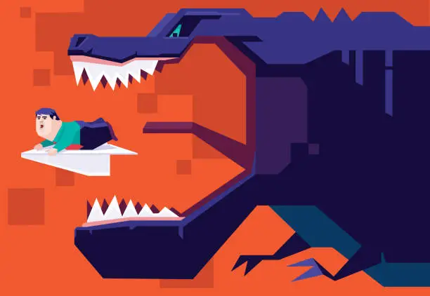 Vector illustration of dinosaur chasing businessman with paper airplane