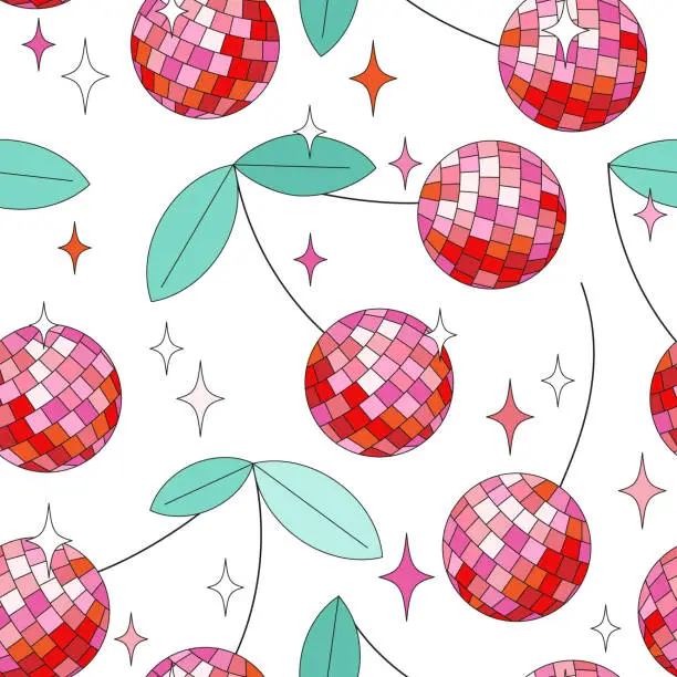 Vector illustration of Seamless groovy pattern with cool mirror cherries.