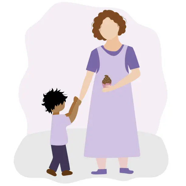 Vector illustration of A woman treats a child with a delicious cupcake.