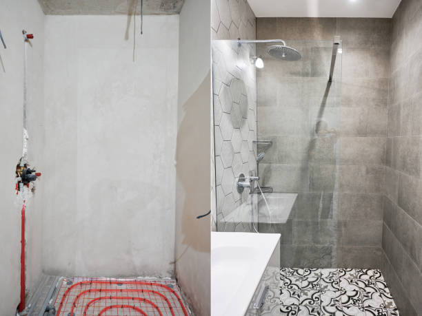Bathroom and toilet room before and after renovation.