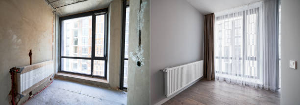 istock Apartment with large windows before and after renovation. 1460998639