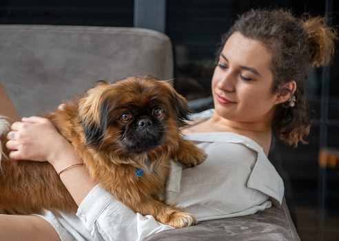 Happy young woman and her dog on the sofa