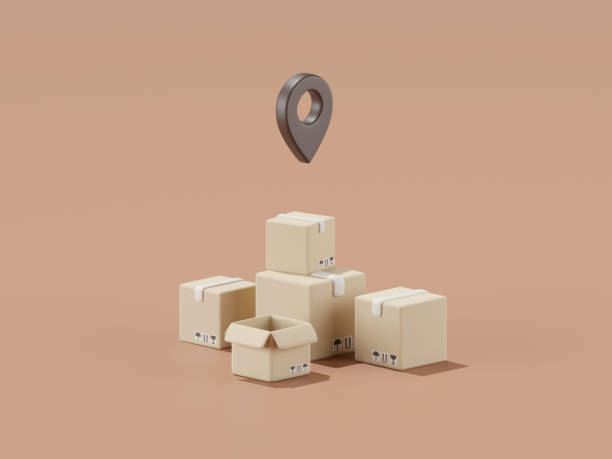 istock 3d render of parcel delivery box with location pin. 1461001366