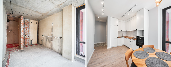 Modern apartment before and after restoration or refurbishment. Comparison of old kitchen room and new place with parquet floor, table, kitchen counter, stove and white walls. Home renovation concept.
