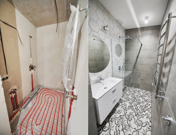 istock Bathroom with heated floor before and after renovation. 1461003975