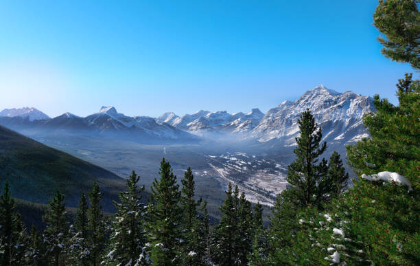 Mist covered valley surrounded by mountains and forestry Mist covered valley surrounded by trees and forestry. kananaskis country stock pictures, royalty-free photos & images