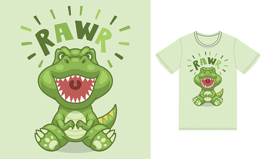 Cute dinosaur rawr illustration with tshirt design premium vector the Concept of Isolated Technology. Flat Cartoon Style Suitable for Landing Web Pages, Banners, Flyers, Stickers, Cards