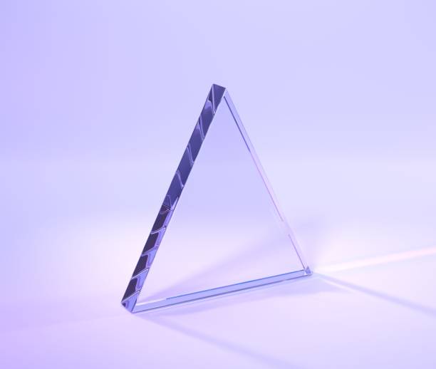 Glass triangle with rainbow effect of light refraction from prism or crystal 3d render. Clear acrylic plate, glossy panel with lens flare on purple abstract geometric background, 3D illustration