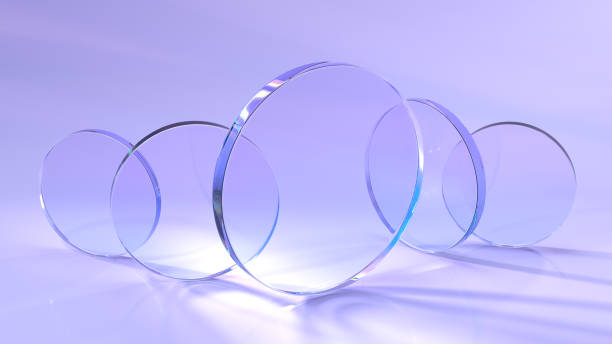 istock Glass circular disks with rainbow effect of light refraction from prism or crystal 3d render. Clear acrylic plates, round flat panels with lens flare on purple geometric background 1461006702