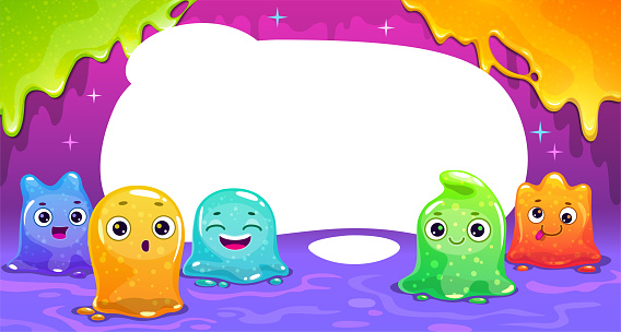 Cute childish horizontal banner with colorful tiny slime characters and slime drops. Vector cartoon template for web or typography design.