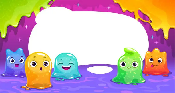 Vector illustration of Funny banner with colorful tiny slime monsters