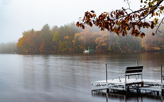 A pier on a lake surrounded by forest in the fall colors on a foggy day