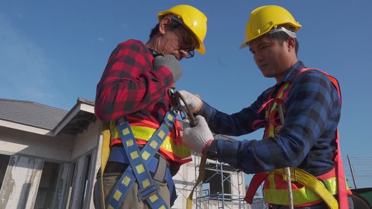 Asian two workers helping each other wearing fall protection. height teamwork concept.