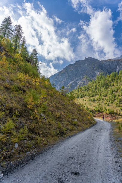 istock Narrow path below the mountains against a cloudy blue sky 1461009260