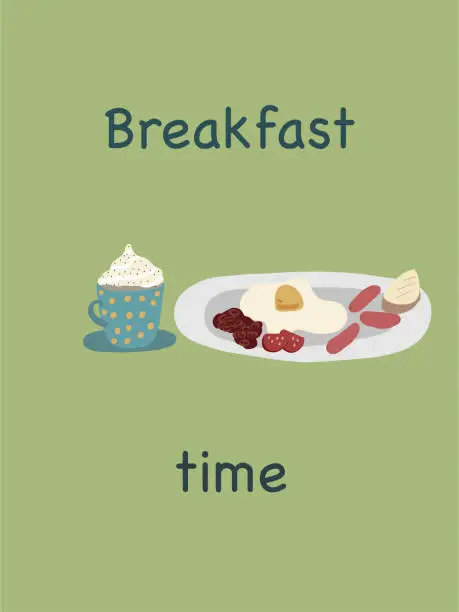 Vector illustration of Breakfast time coffee and plate with fried egg sausages