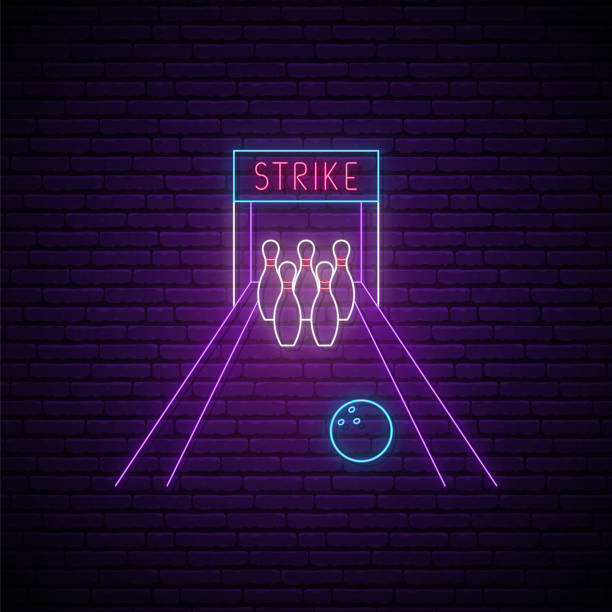 Neon Bowling strike sign. Glowing skittles and ball in retro neon style. Night light signboard. Vector illustration Neon Bowling strike sign. Glowing skittles and ball in retro neon style. Night light signboard. Vector illustration cricket bowler stock illustrations