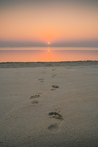 A vertical shot of the footprints on the sand. The Maldives.