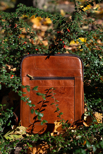 close-up photo of light brown leather bag . outdoors photo
