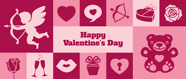 Valentine's Day banner or greeting card with related icons and symbols. Horizontal format.