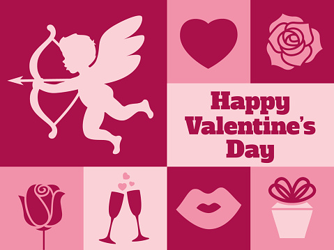 Valentine's Day greeting card with related icons and symbols.