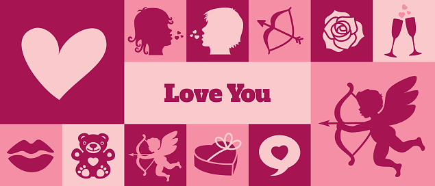 Valentine's Day banner or greeting card with related icons and symbols. Horizontal format.