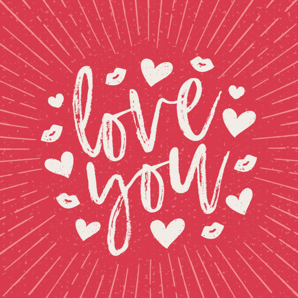 Love you Greeting Card - Red Background Love You hand lettering greeting card design with a sunburst frame. White text color. Red background. Square format. lipstick kiss stock illustrations