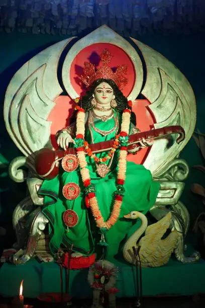 Saraswati Puja pandal. Hindu goddess Saraswati idol