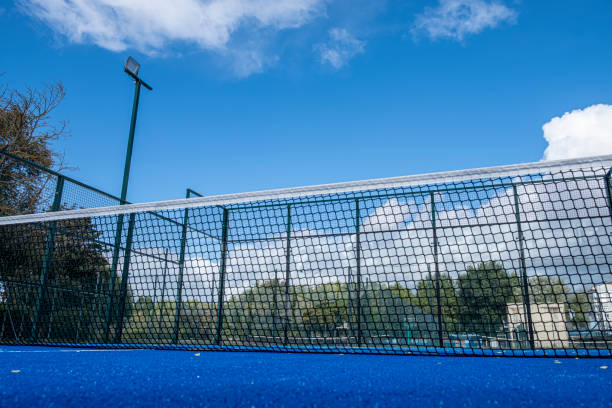 istock Emoty blue paddle tennis court with under a cloudy sky 1461016160