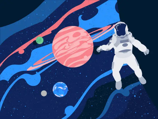 Vector illustration of Fantasy universe background with astronaut floating in space