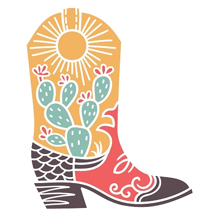 Cowboy boot green cactuses decoration. Vector color illustration of Cowboy boot with cactuses and yellow sun printable decor. Cowgirl western boots isolated on white for cowboy party.