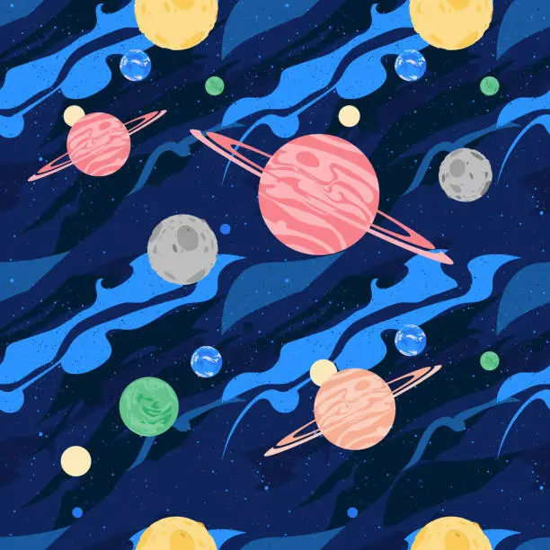 Vector illustration of Fantasy Universe multicolored seamless pattern background with planets and stars