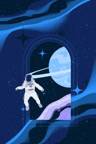 Vector illustration of Fantasy parallel universe portal with astronaut and planets