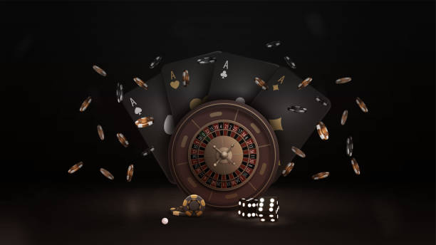 istock Casino Roulette wheel with black playing cards, dice and chips in dark scene 1461017780
