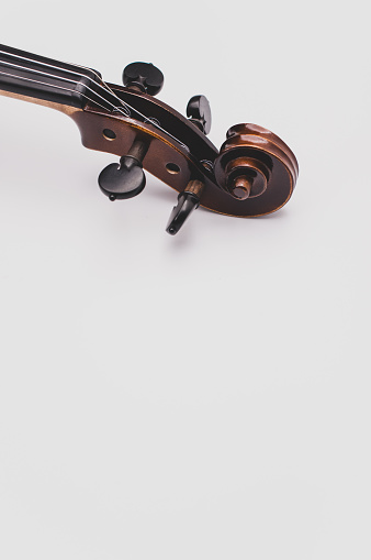 top view of elegant acoustic violin scroll and pegs on a white background