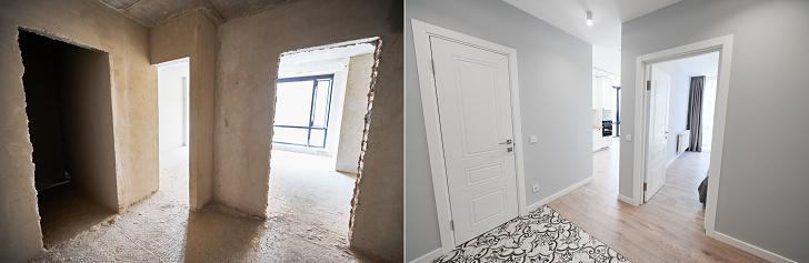 Modern apartment with doorways before and after refurbishment. Comparison of old flat and new place with white walls and modern interior design. Concept of home renovation.