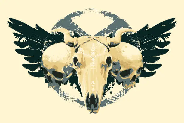 Vector illustration of sign with human and cow skulls with wings