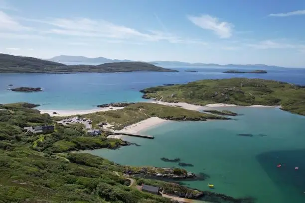 Ring of Kerry stunniing coastline on sunny day blue sea Ireland drone aerial view