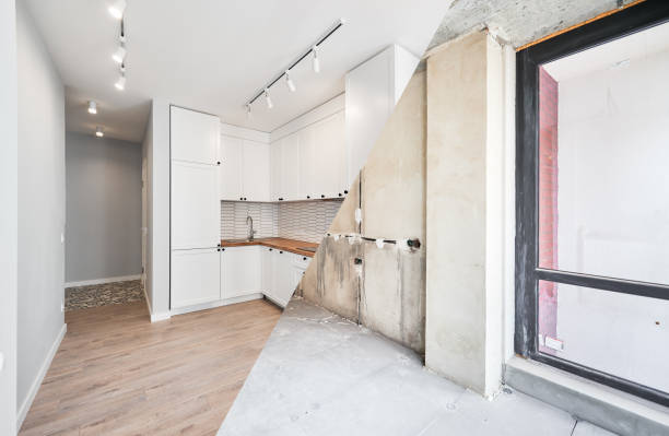 comparison of kitchen room before and after renovation. - construction house indoors vehicle interior imagens e fotografias de stock