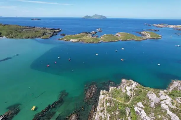 Ring of Kerry stunniing coastline on sunny day blue sea Ireland drone aerial view