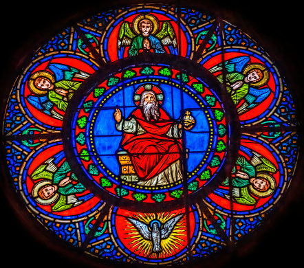 God Angels Holy Spirit Stained Glass Basilica Notre Dame de Nice Catholic Church Nice Cote d'Azur Nice France Constructed 1860s Largest church in Nice